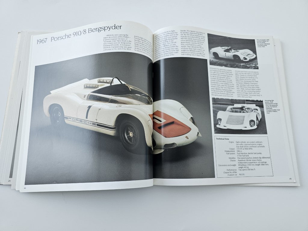 Open book spread with a white classic roadster photo and text with black-and-white insets.