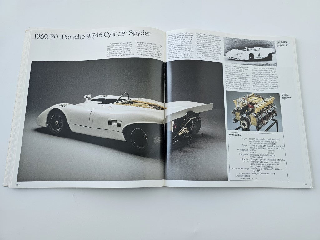 Vehicle history book: open spread with 1969/70 Porsche 917/16 Cylinder Spyder article pages.