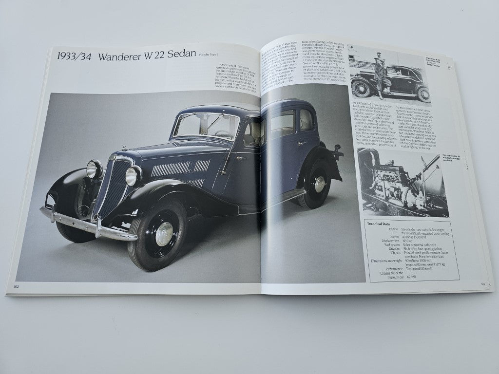 Vehicle history book: open spread with 1933/34 Wanderer W 22 Sedan classic car photo.