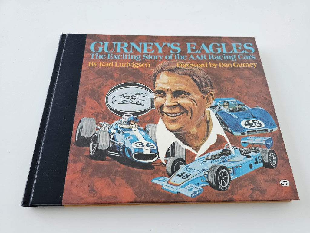 Book cover: Gurney's Eagles racing cars and Karl Ludvigsen portrait, hardcover.