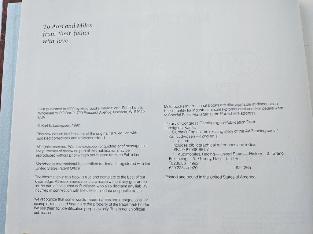 Book copyright/credits page with dedication text and publication information paragraphs.