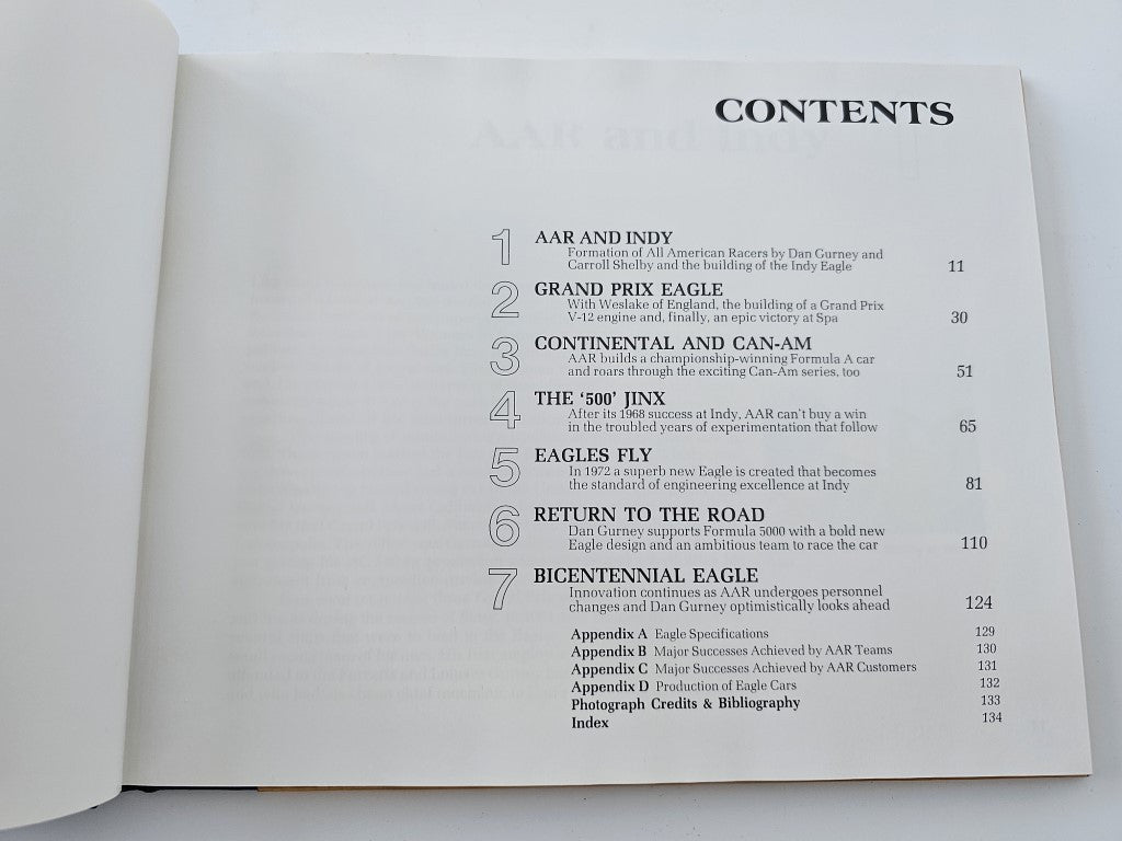 Book contents page listing sections and page numbers in black type on white paper.