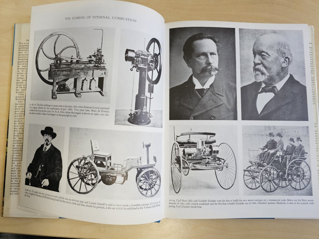Open book page spread with vintage car diagrams and black-and-white portraits
