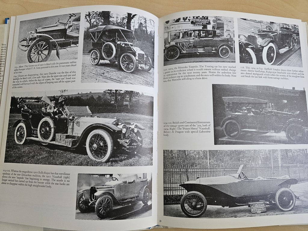 Open book page with black-and-white photos of classic cars and close-ups