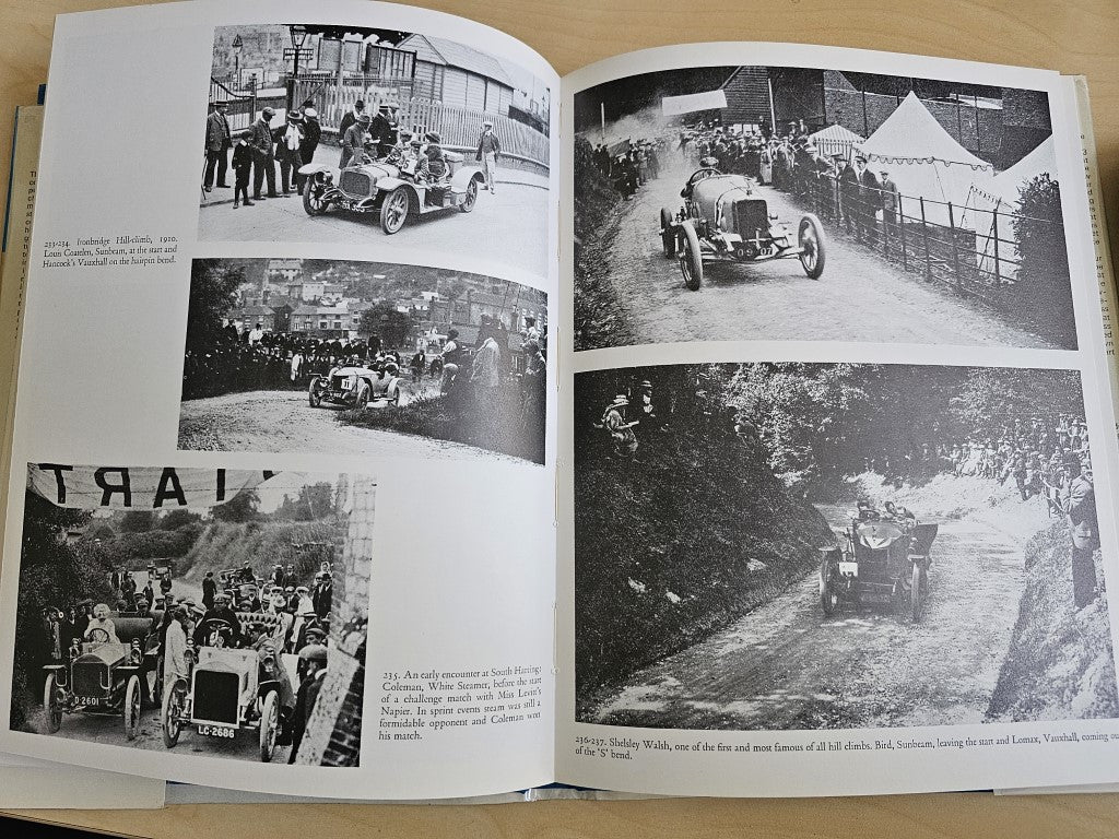 Open book spread showing black-and-white photos of cars on roads and events