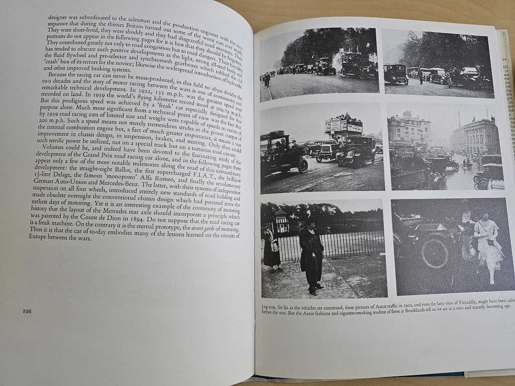 Open book pages with dense text and small black-and-white car scene photos