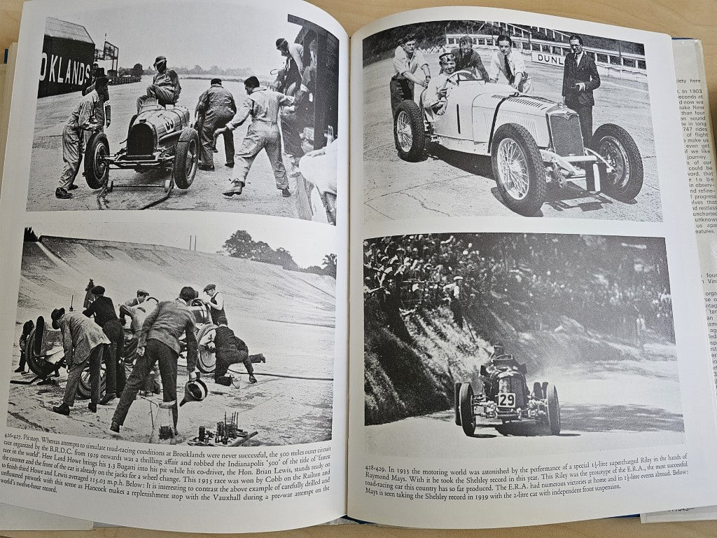 Open book spread with black-and-white rally photos and a vintage car close-up