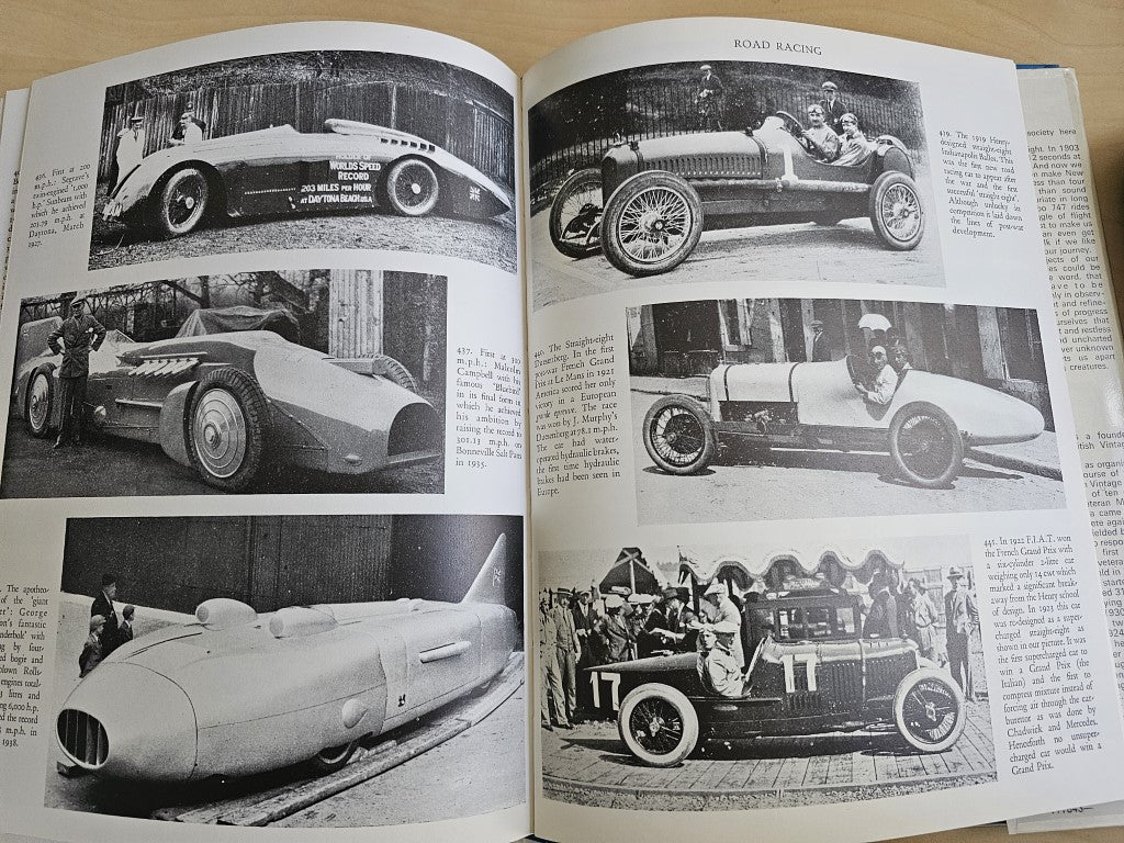 Open book spread featuring black-and-white race car photos and portraits