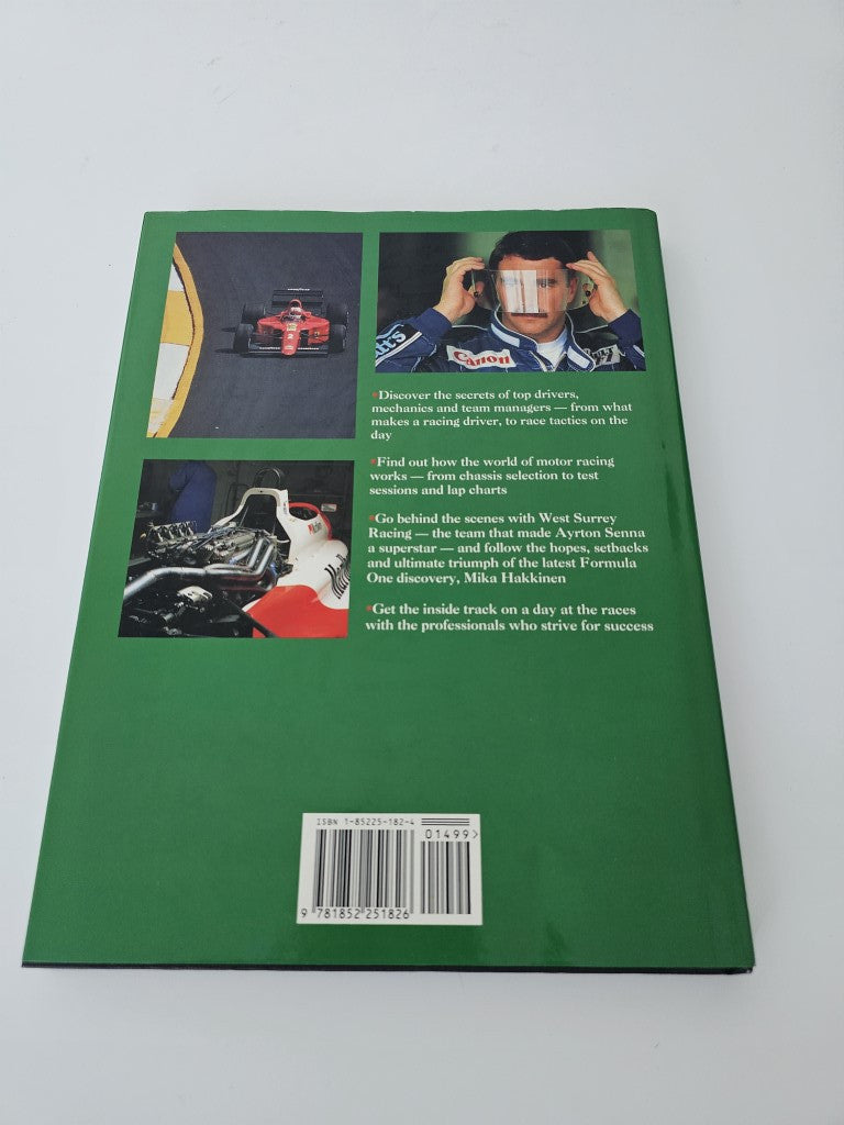 Motor racing book back cover with green layout and barcode