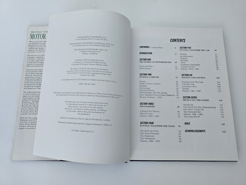Motor racing book open to contents list on two pages