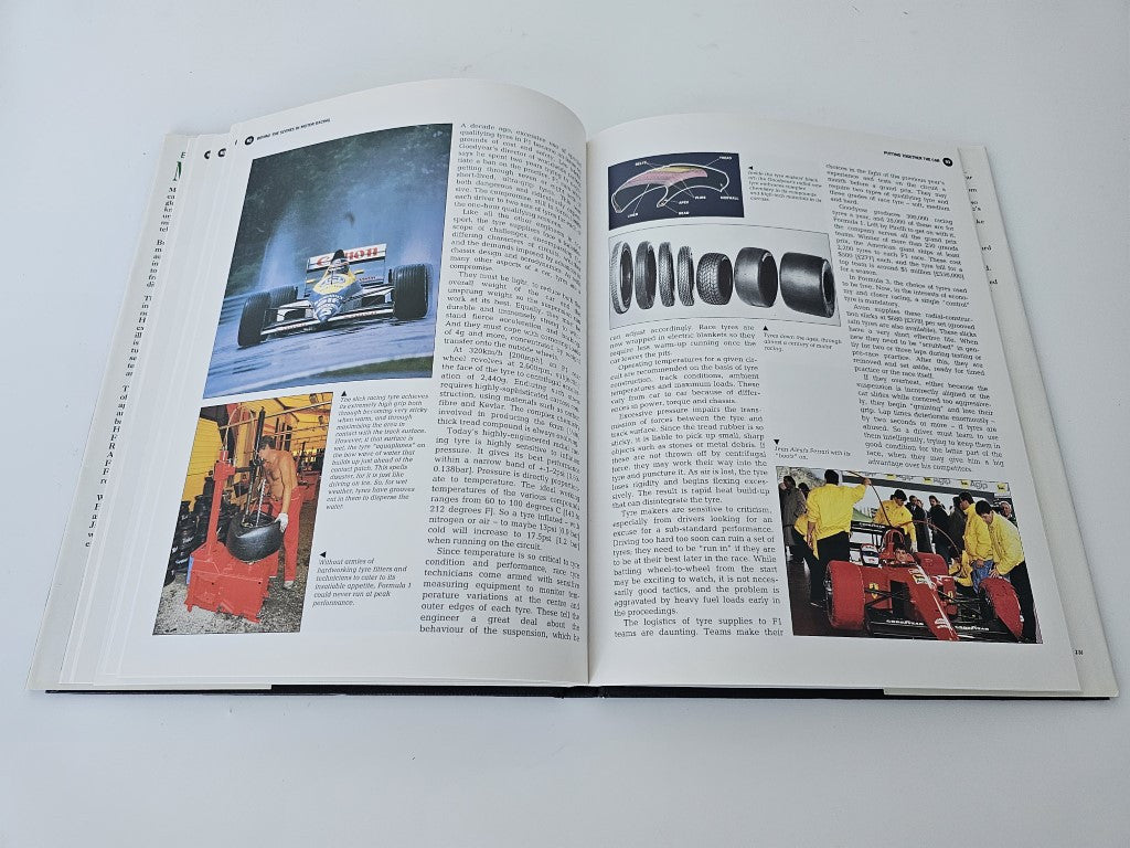 Motor racing book open with race photo left page and diagram on right page