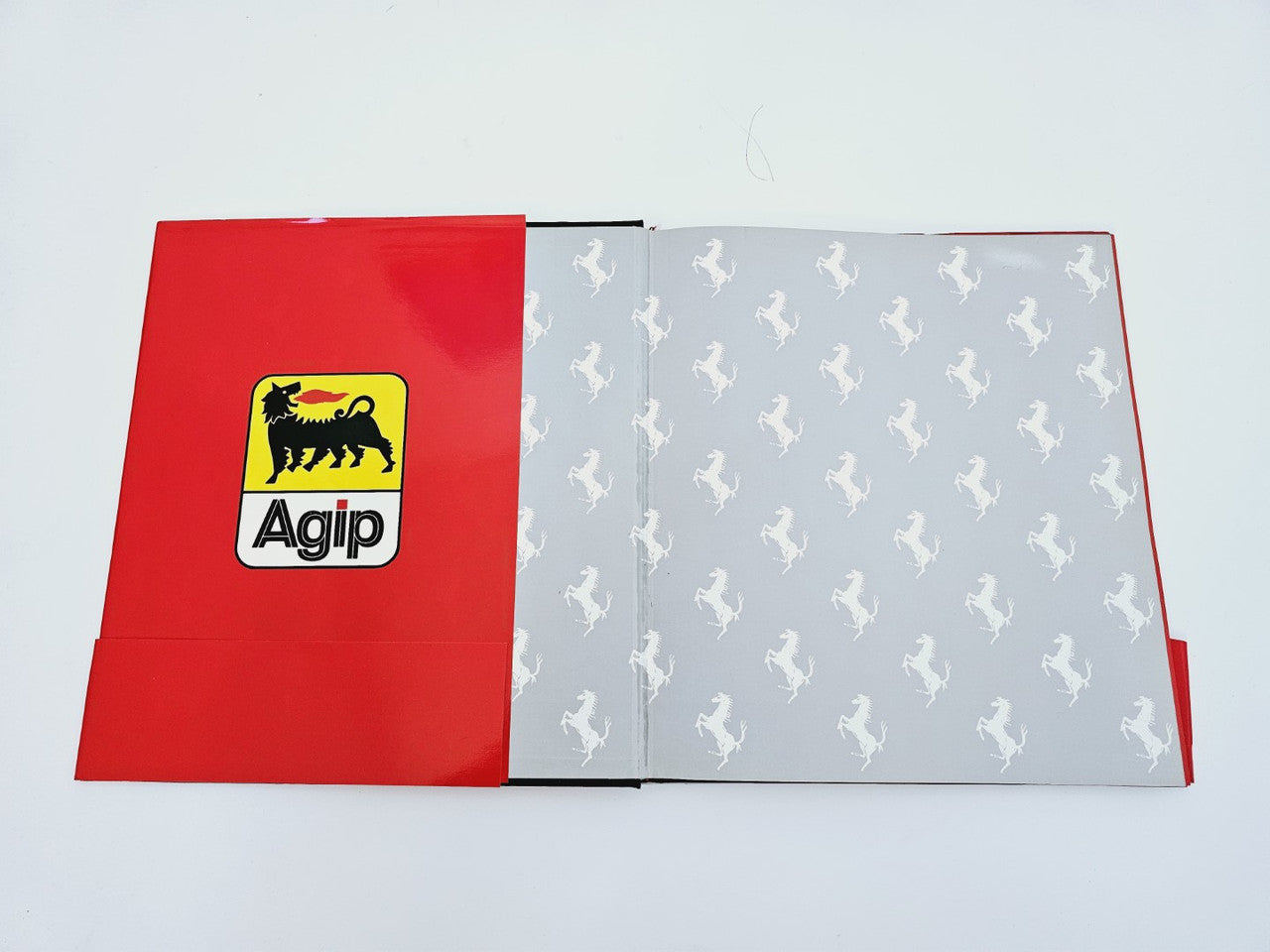 Book cover: red panel with Agip logo and gray patterned page section