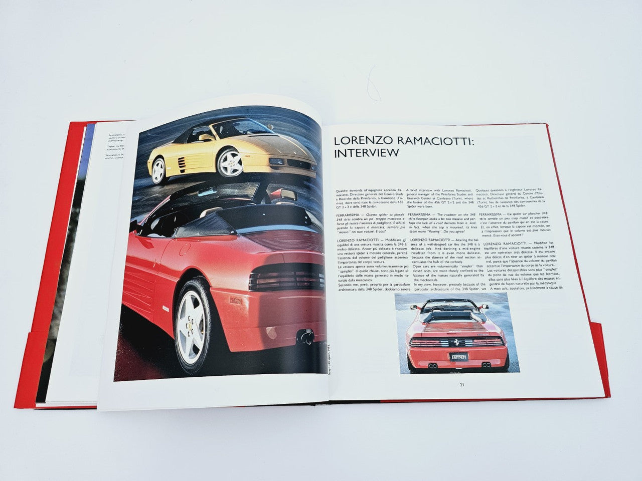Open book spread with car photo and interview text blocks