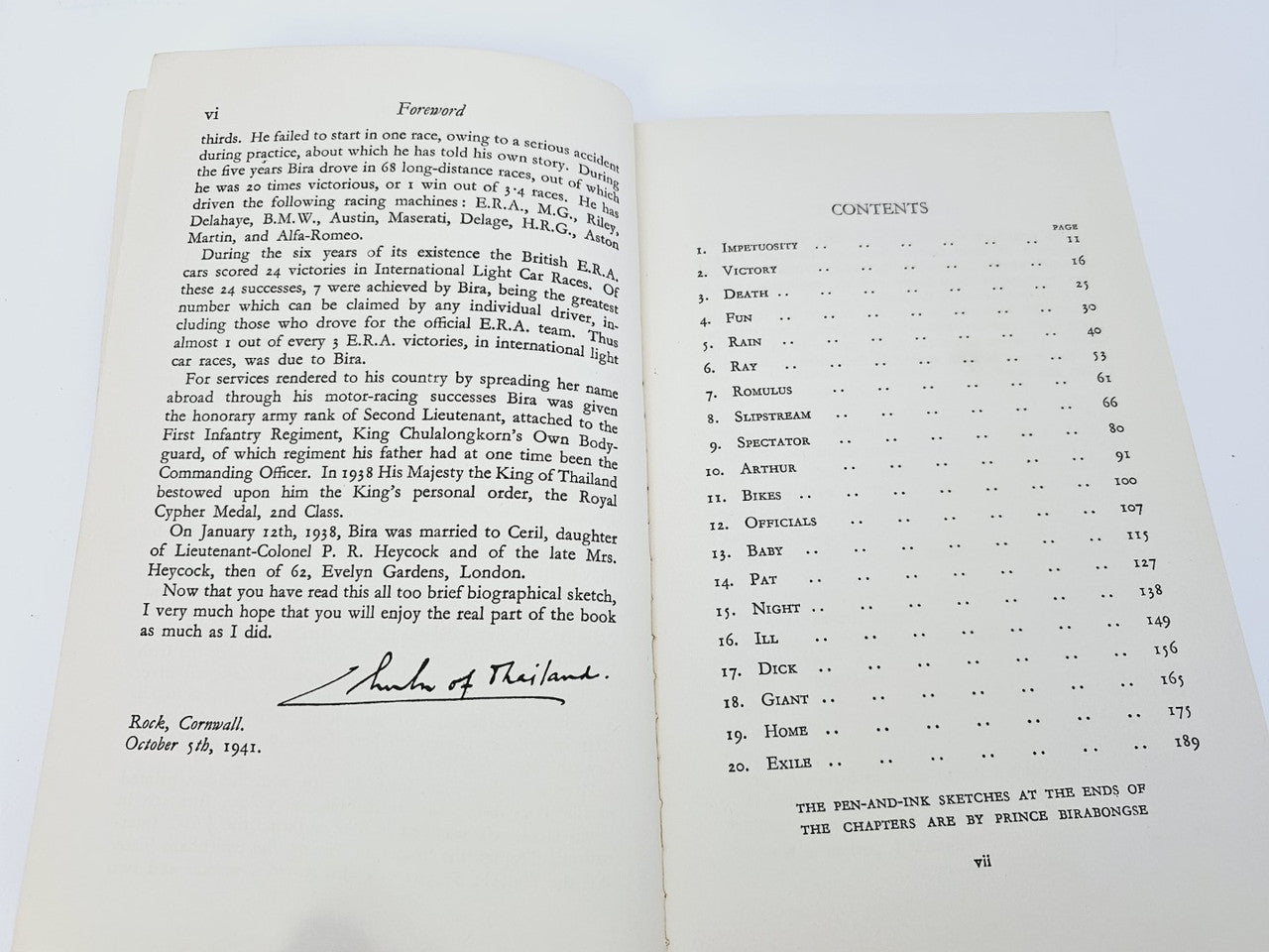 Open book showing a Contents list with numbered entries on the right page