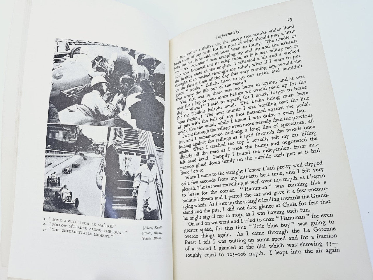Open book with black-and-white photo on the left page and printed text on the right