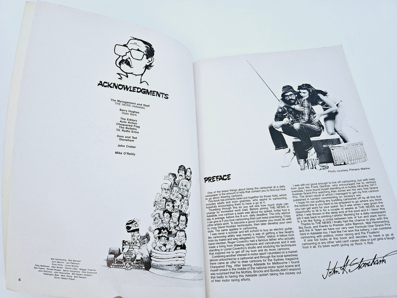 Book pages with “Acknowledgements” text and a signature photo of two men