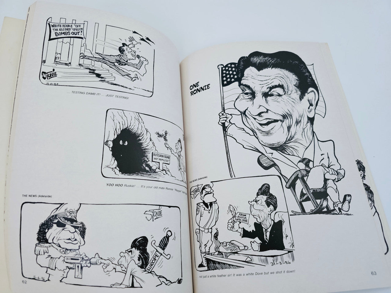 Open book spread with black-and-white comic panels and caricature drawings