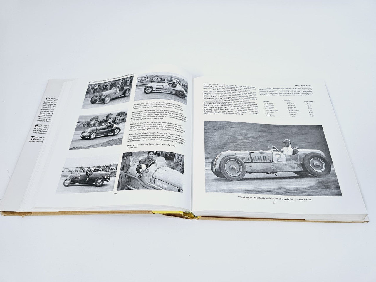 Open book spread with multiple car photos and a large front-engine image