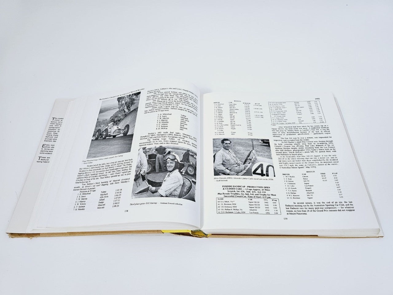 Open book spread with photo, crew image, and detailed black-and-white tables