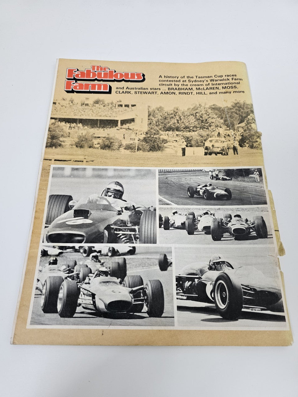 Vintage racing magazine with sepia photos and collage layout on beige cover