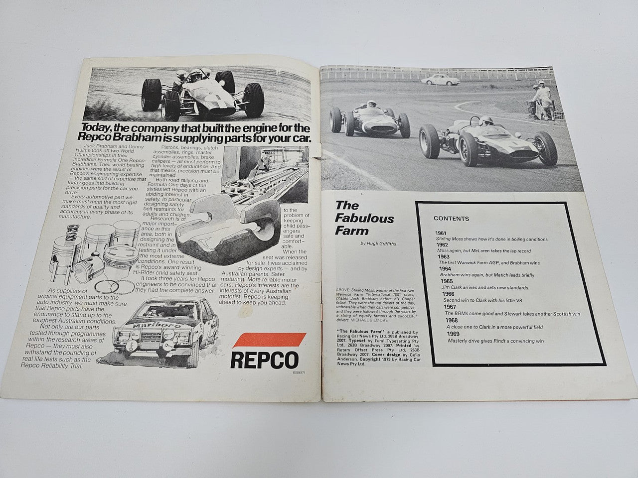 Vintage racing magazine open pages with engineering illustration and contents box