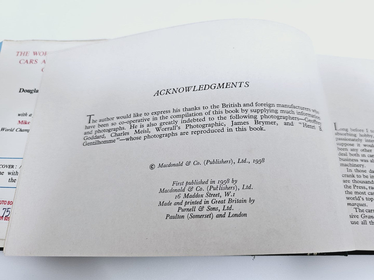 Vintage racing cars book spread showing “ACKNOWLEDGMENTS” and publication details