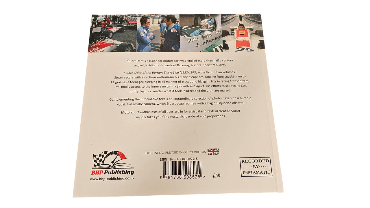 Signed racing history book back cover with publisher logos and eligibility icons