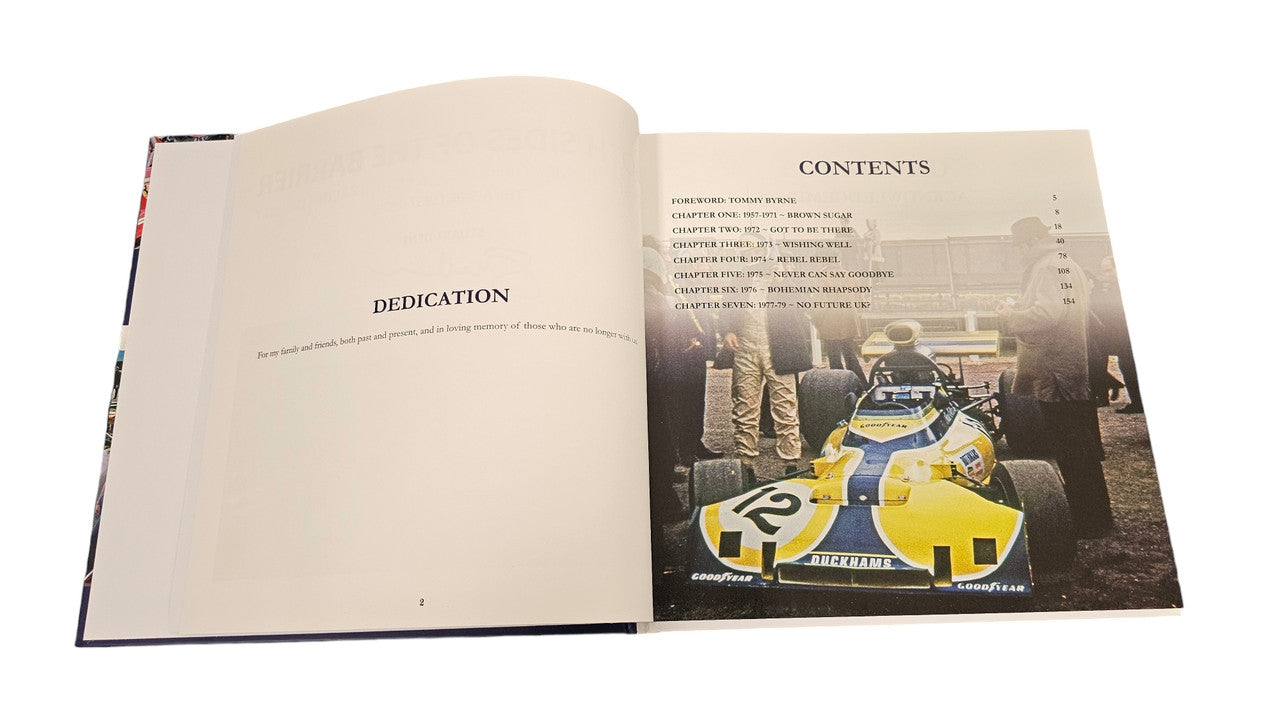 Signed racing history book open to dedication and contents pages