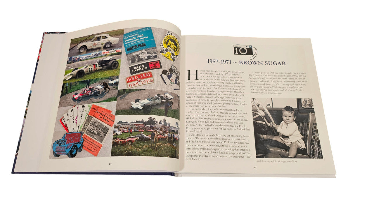 Signed racing history book open to a feature spread with photos and captions