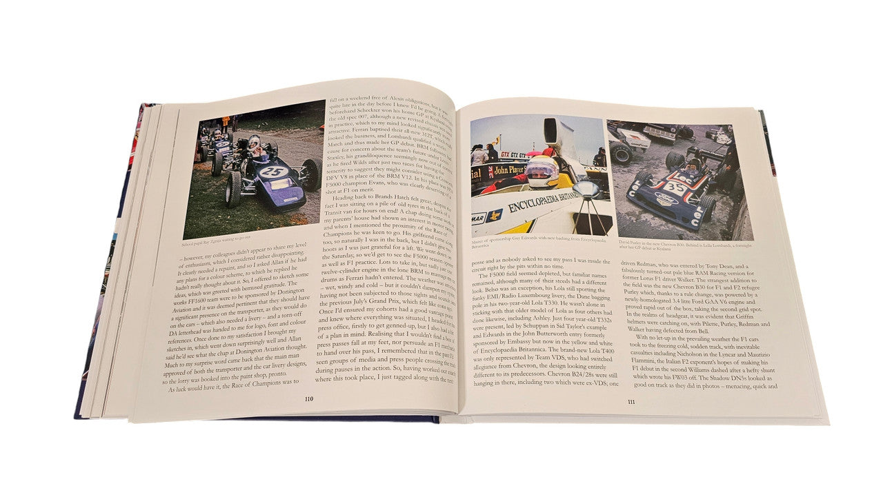 Signed racing history book open to a spread with race scenes and captions