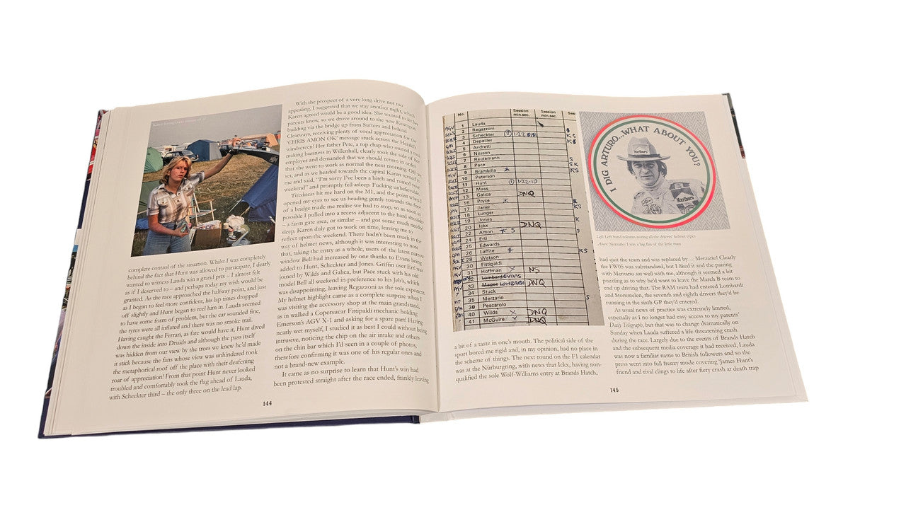 Open hardcover book with racing photo, diagram, and circular seal on right page
