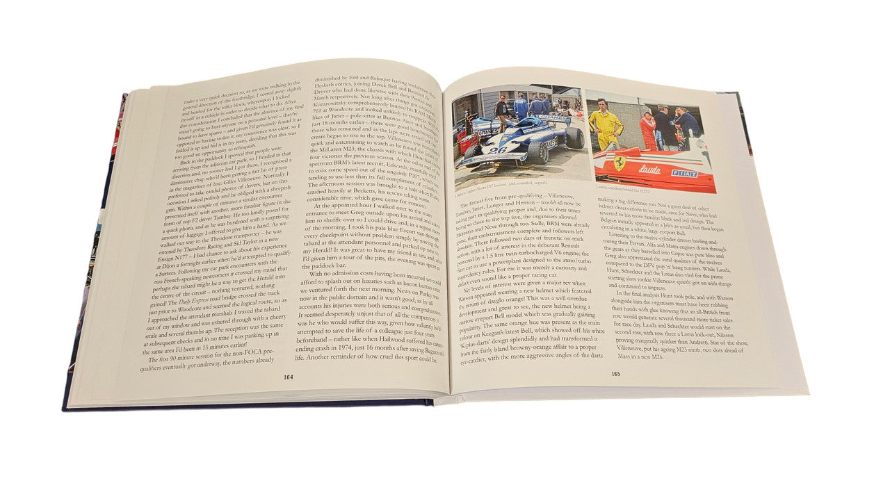 Open hardcover book with multiple racing photos and text blocks on both pages