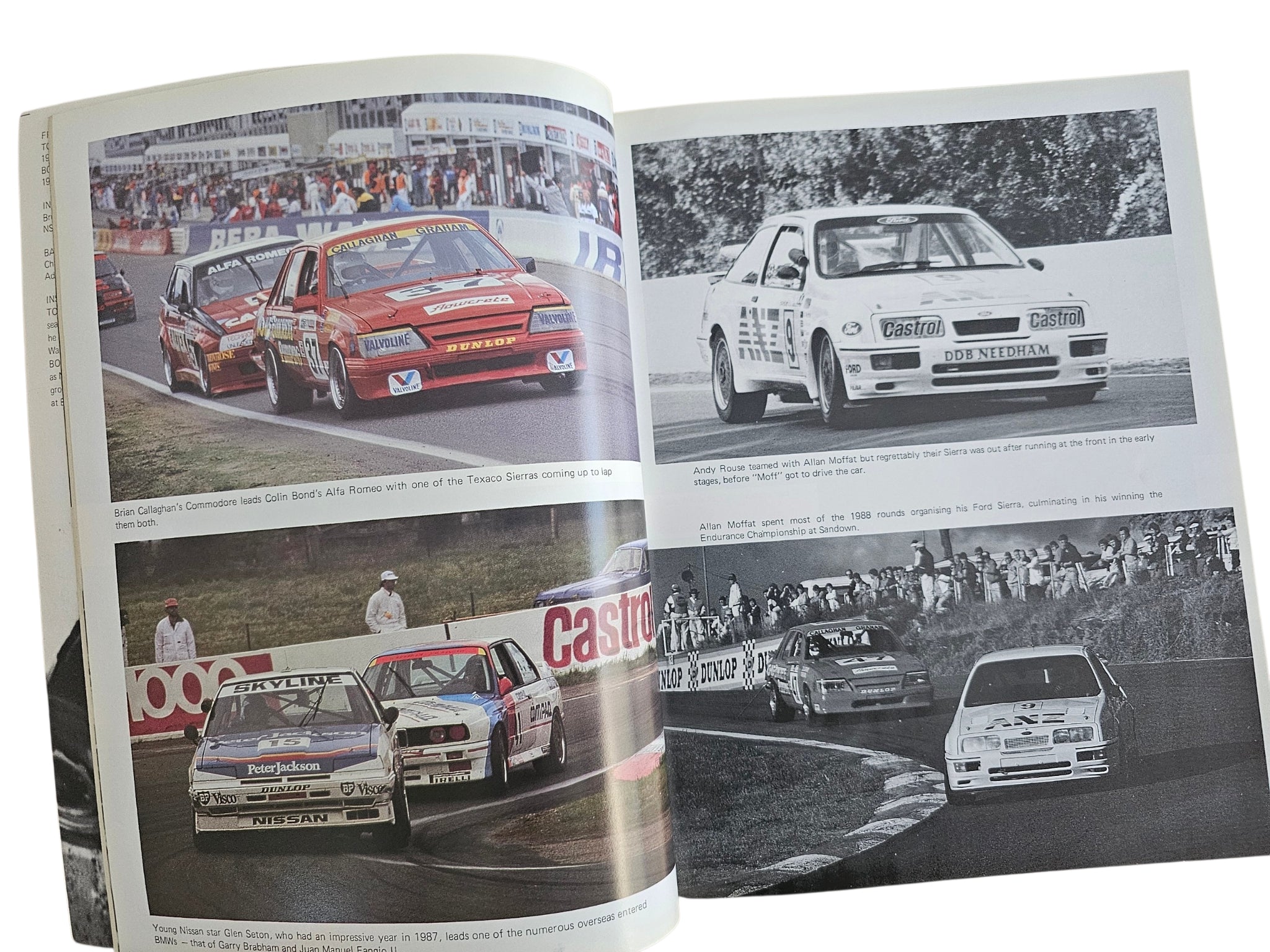Motorsport action book spread with multiple racing cars on track in color and black-and-white