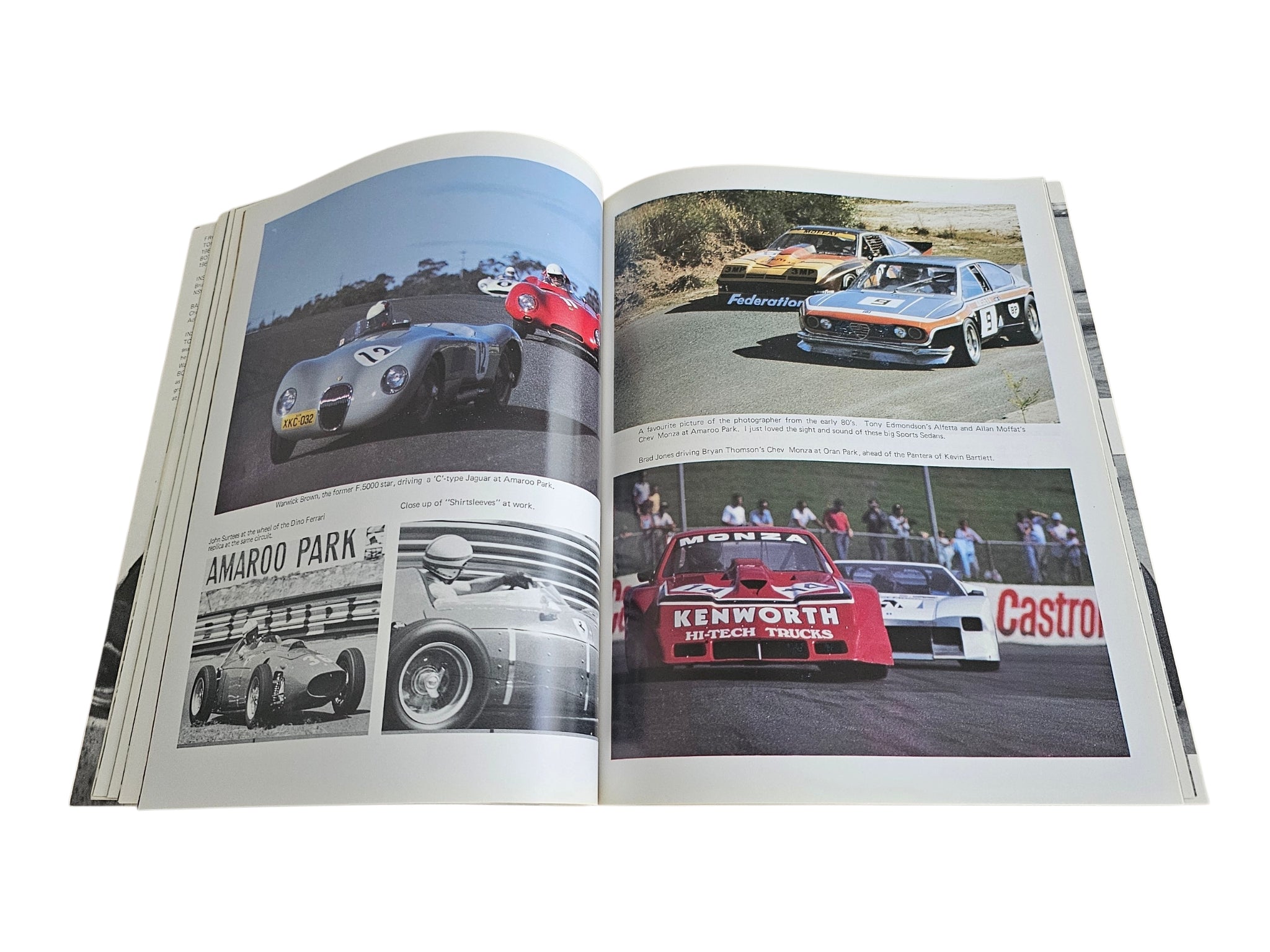 Motorsport action book spread with color car photos and race event crowd banners