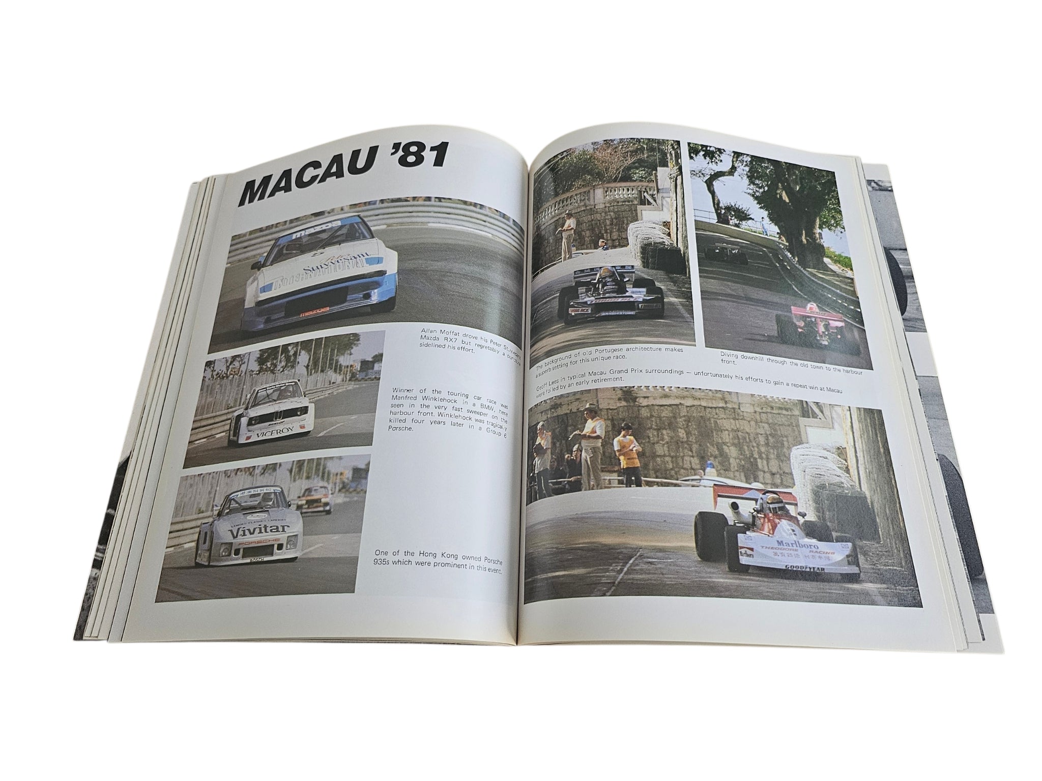 Motorsport action book spread with Macau '81 race car photo collage