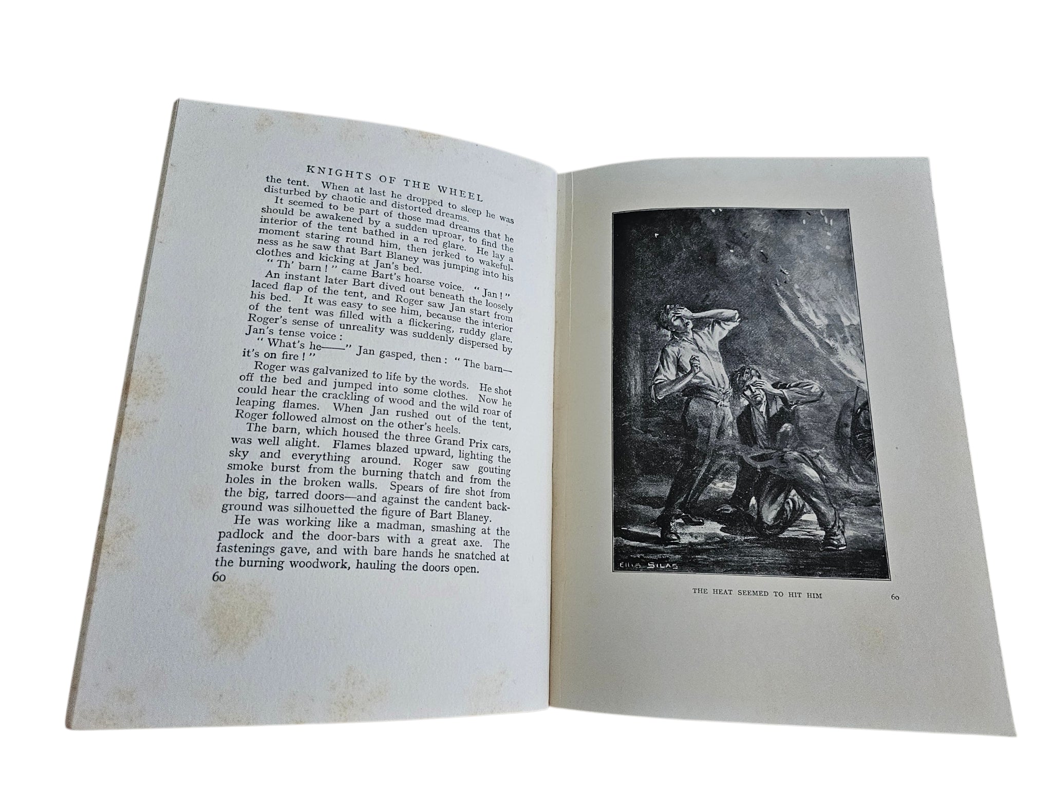 Knights of the Wheel book open to story text with black-and-white illustration