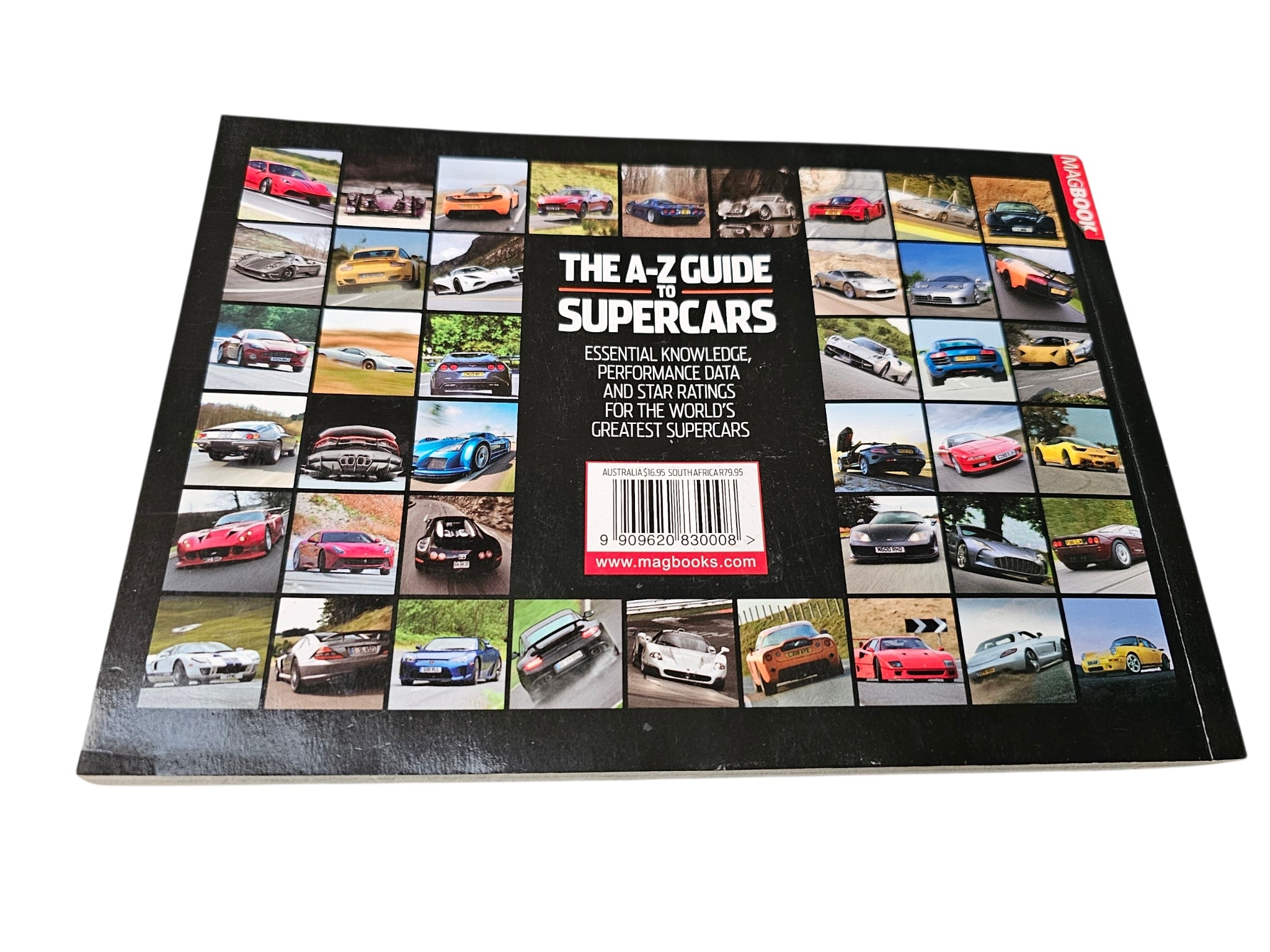 Supercar guide book back cover with car photo grid and title