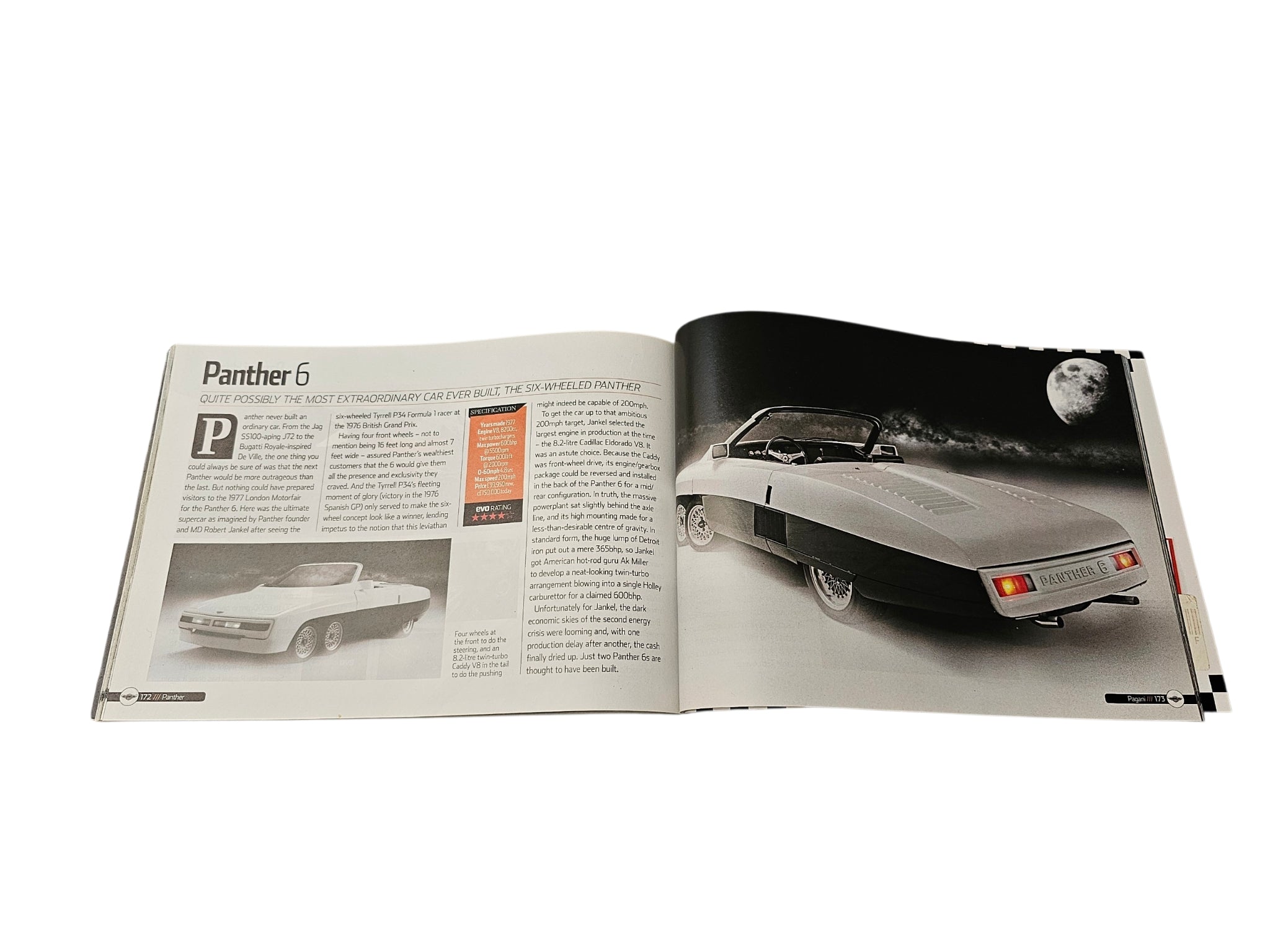 Supercar guide book open spread with Panther 6 page and gray car photo