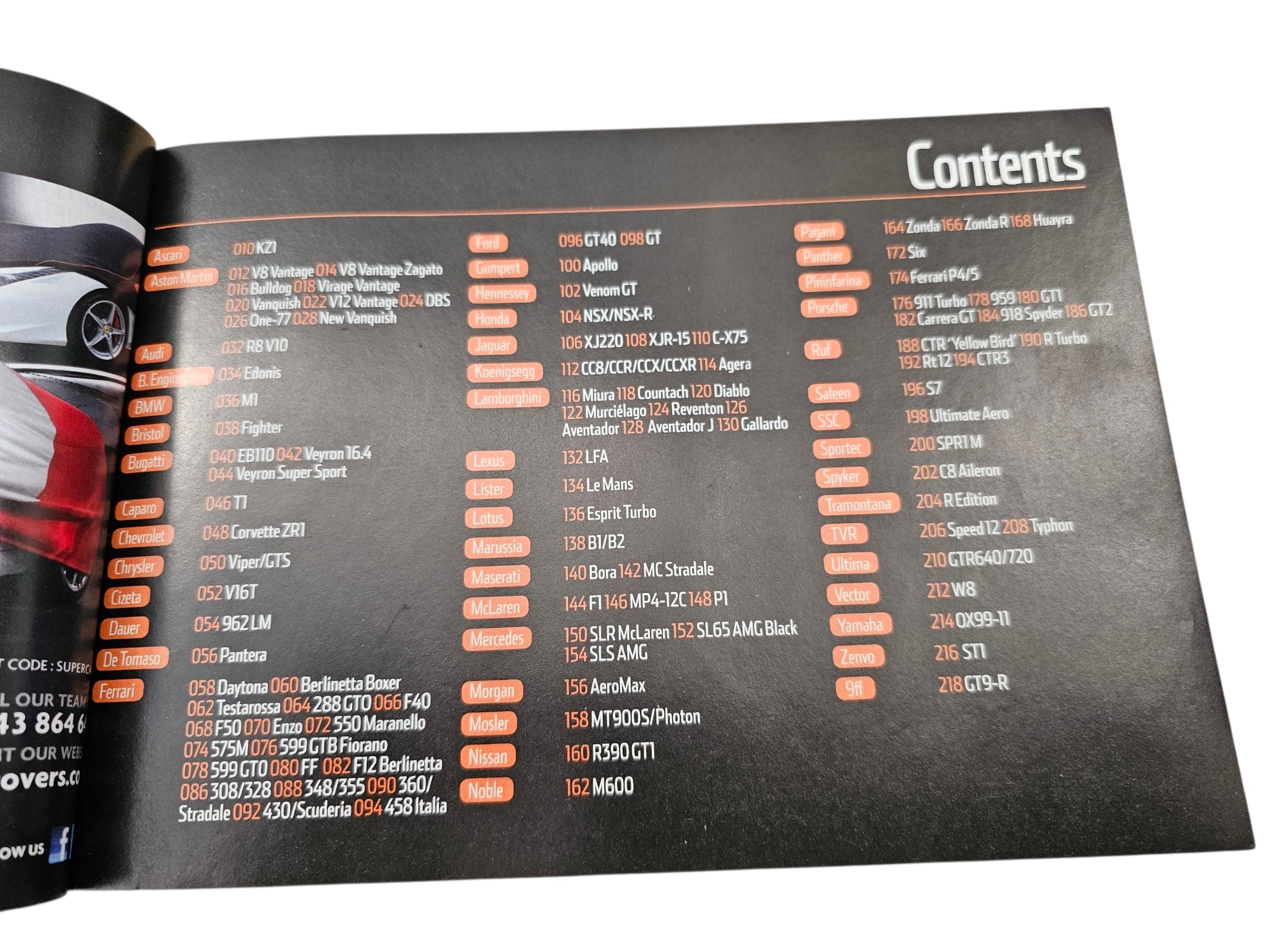 Supercar guide book open page showing Contents header and numbered sections list