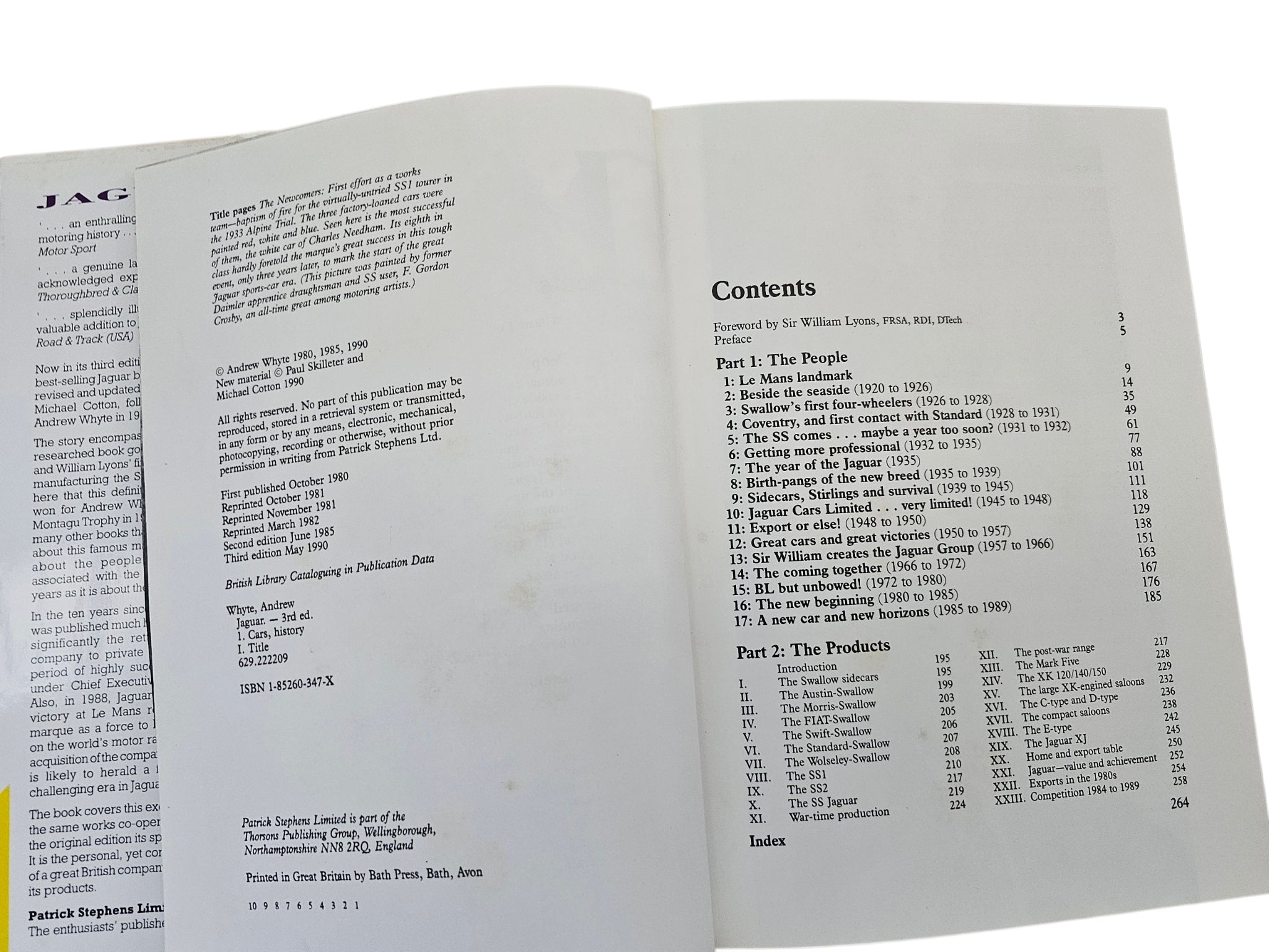 Open car history book showing contents list with section headings and page numbers
