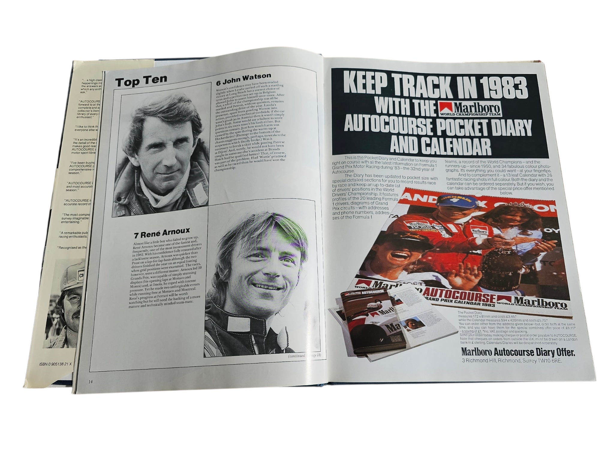 Open racing book pages with driver photos and Autocourse pocket diary advertisement