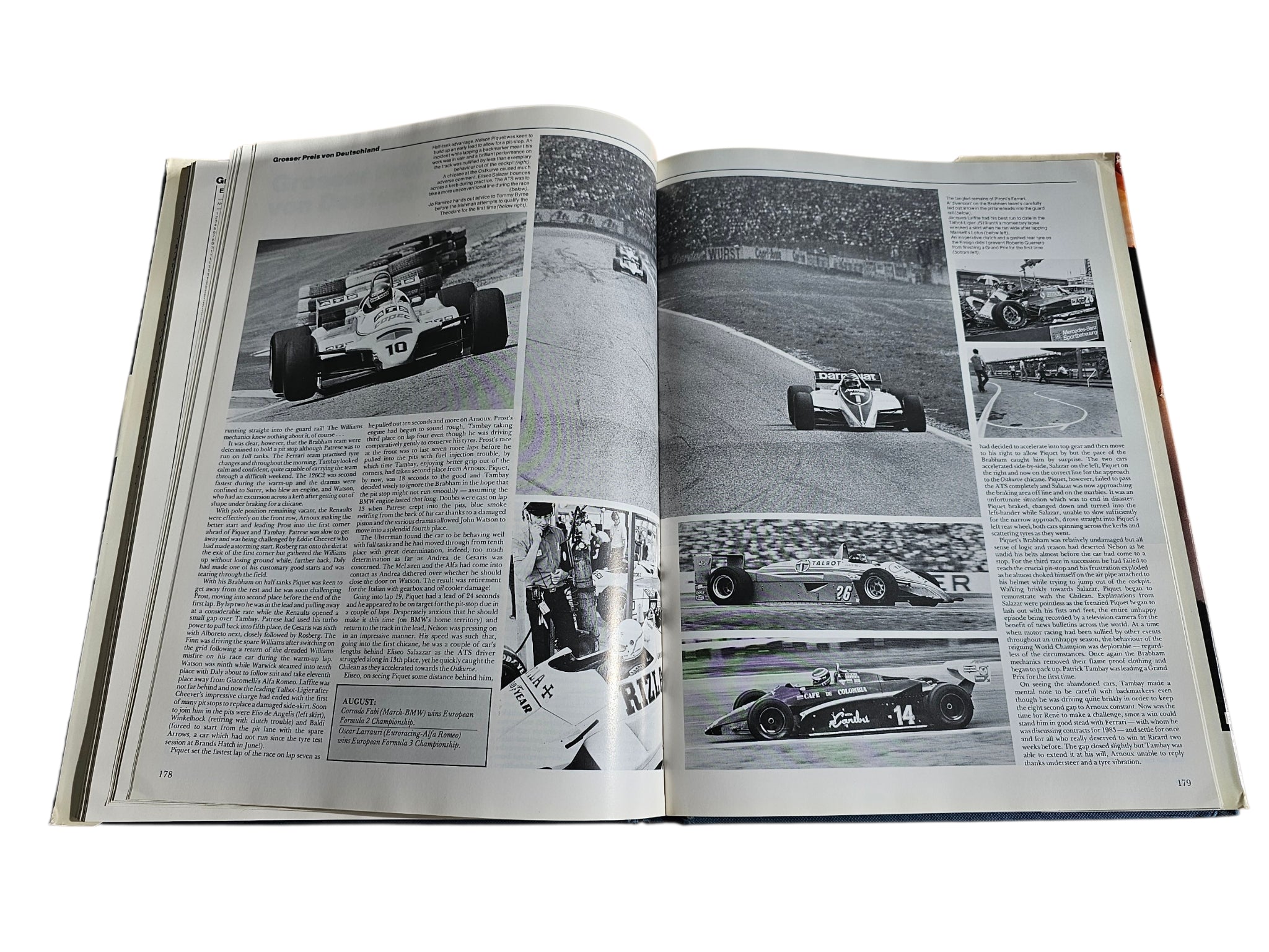 Open racing book spread with car photos and captions across two columns
