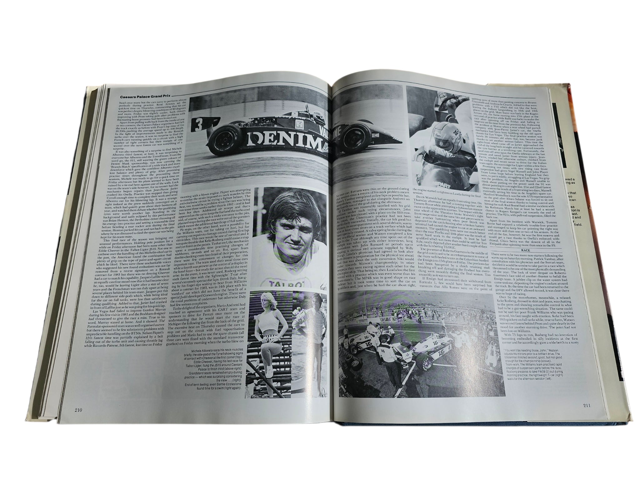 Open racing book pages with black-and-white portraits and race photography