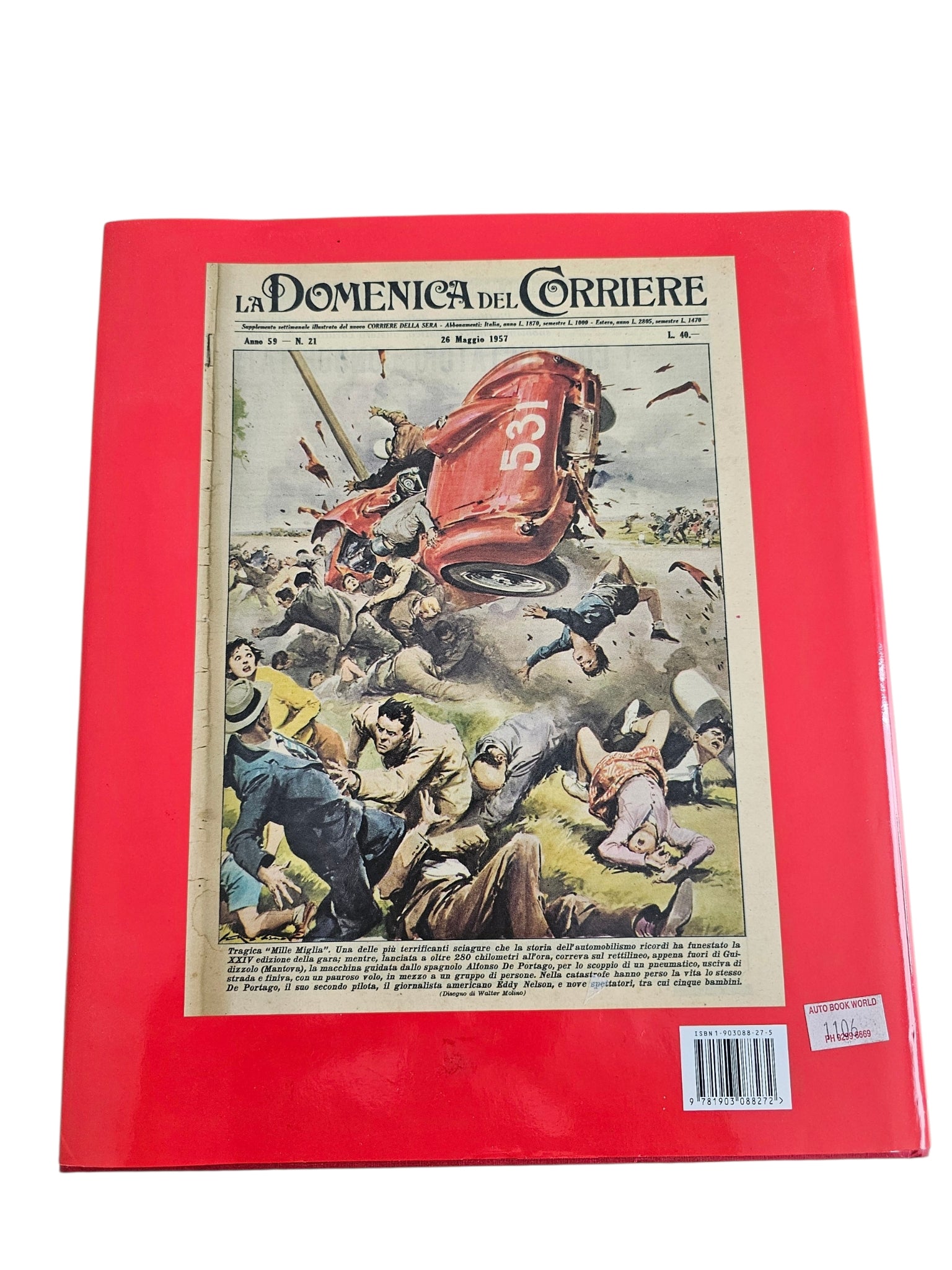 Red book back cover with La Domenica del Corriere newspaper-style illustration