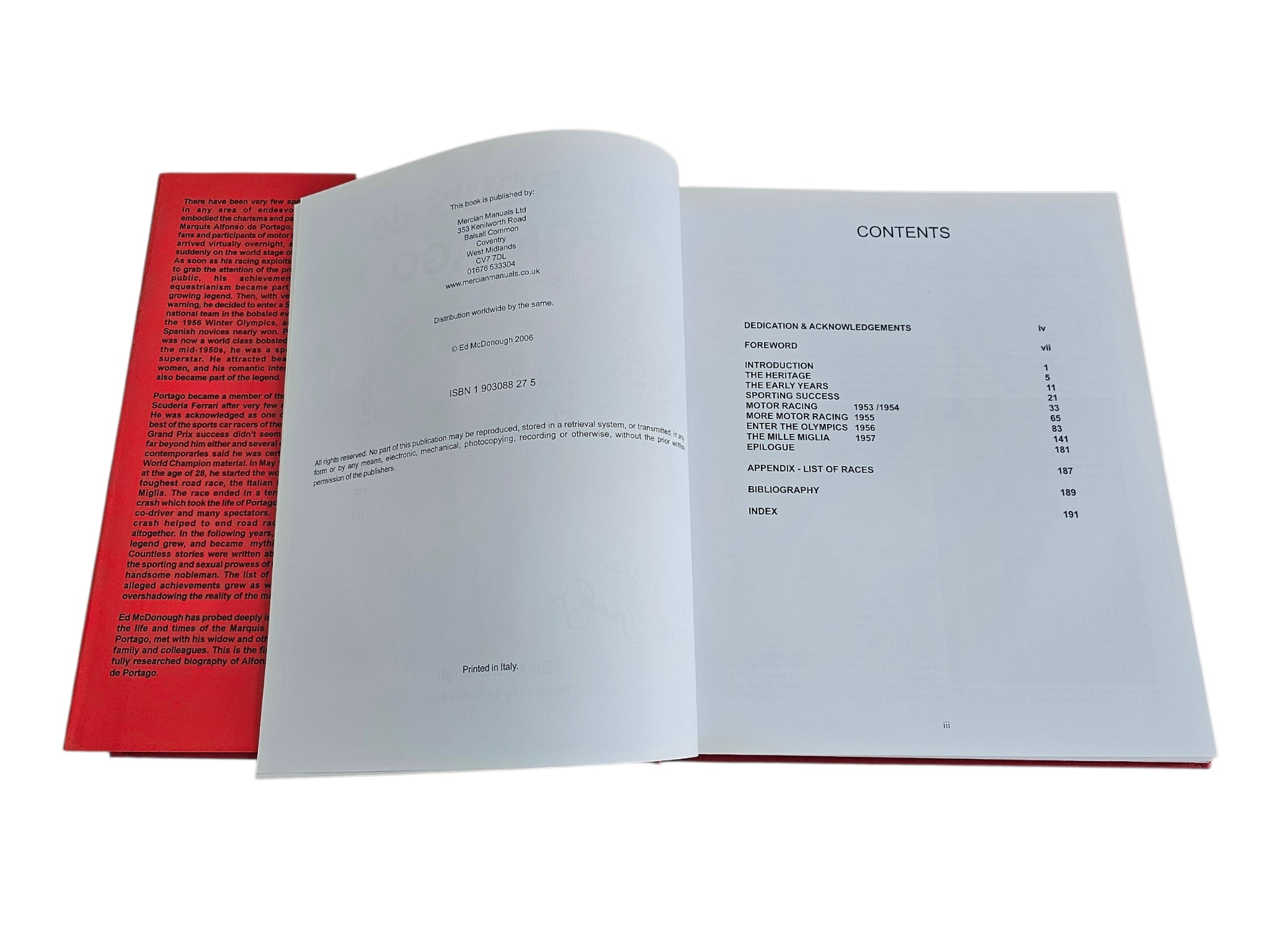 Open book spread showing "CONTENTS" list on the right page