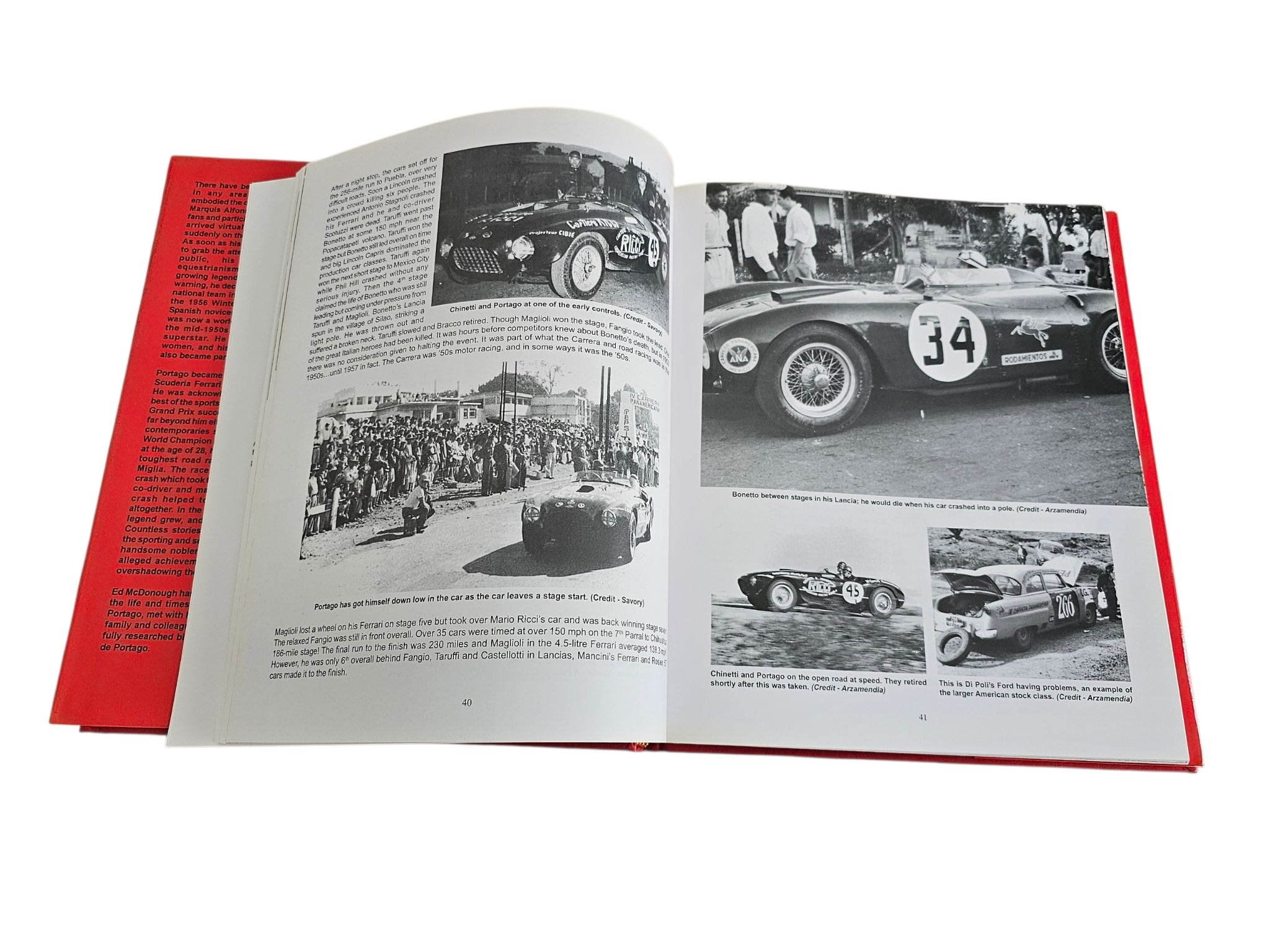 Open book spread with black-and-white vintage car photos and a crowd