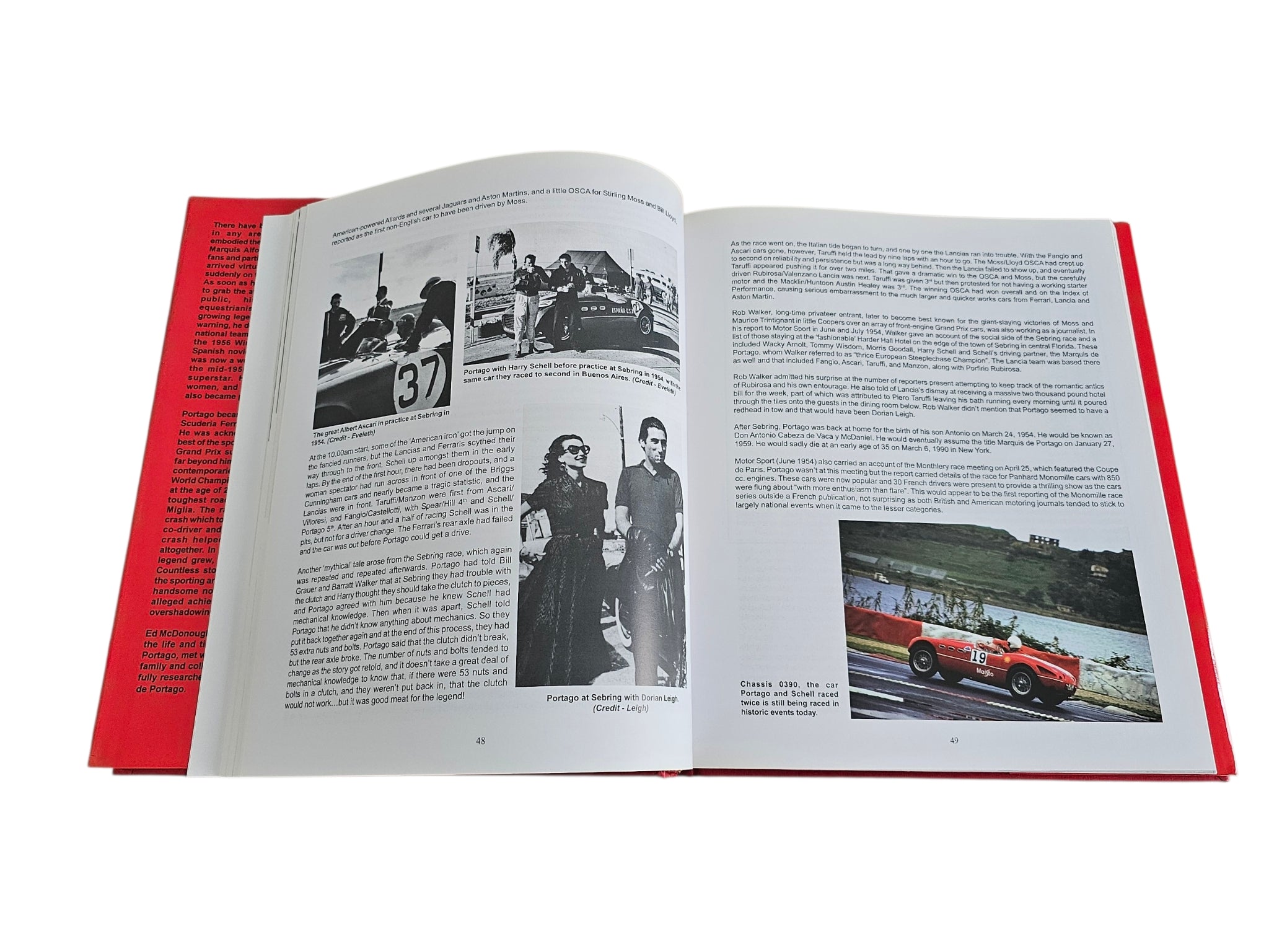 Open book spread with black-and-white photos on the left and a red car photo on the right