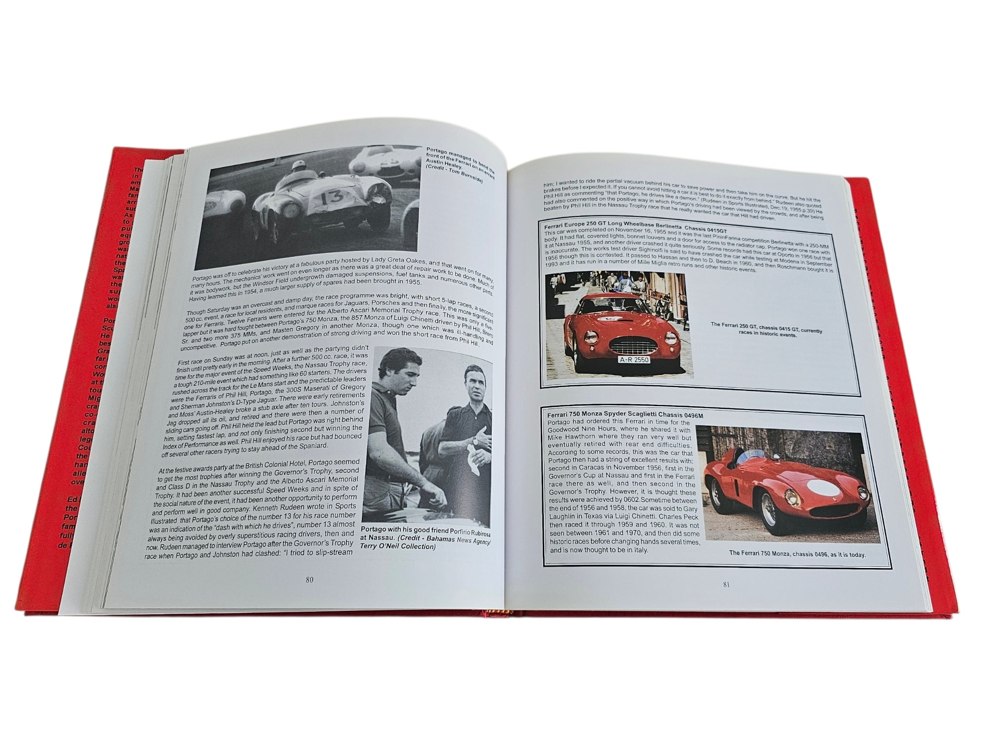 Open book spread with black-and-white photo panels and a red car inset on the right