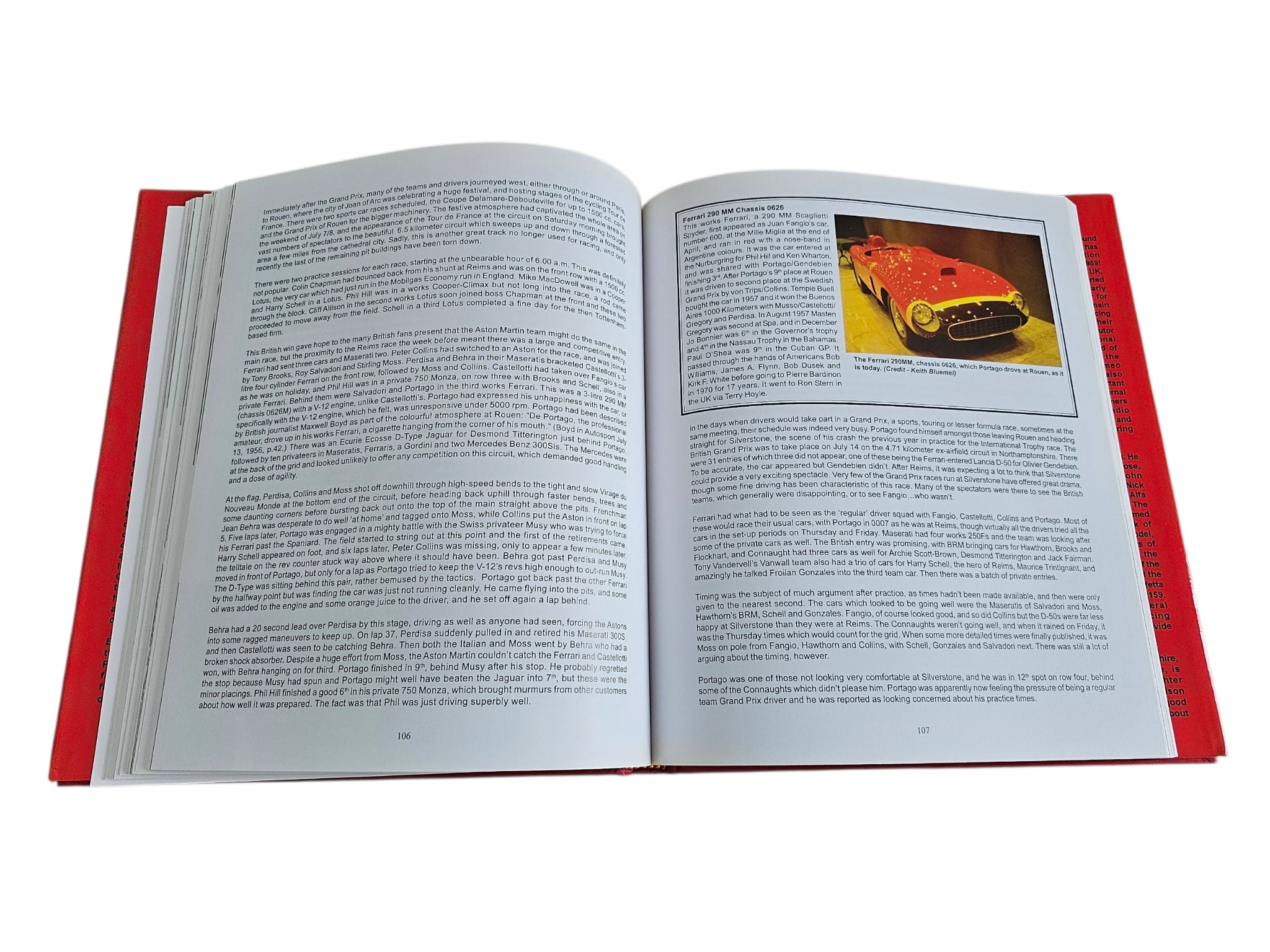 Open book spread with paragraphs and a yellow-red vintage car inset image
