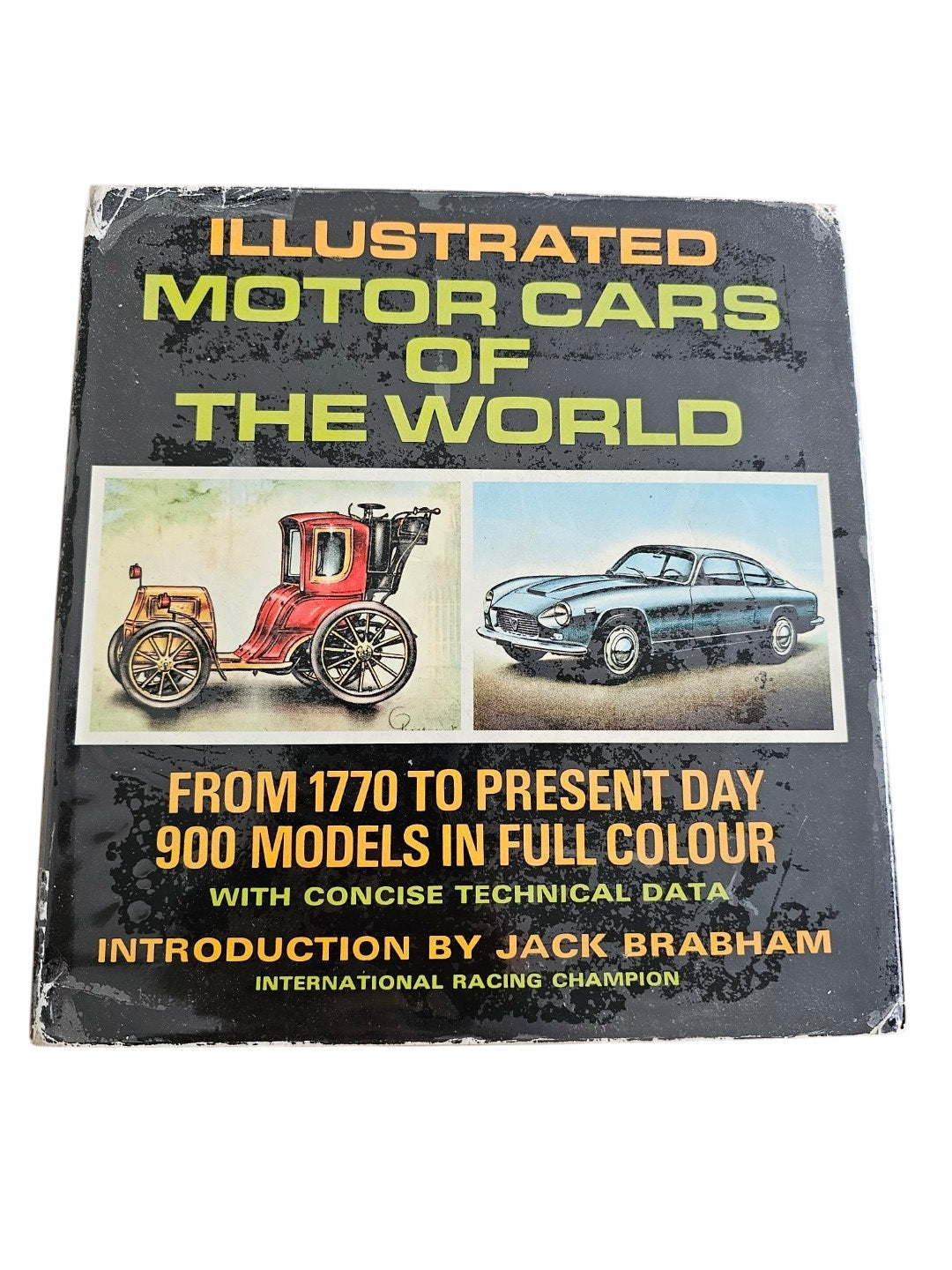 Book cover of 'Illustrated Motor Cars of the World' with vintage car illustrations.